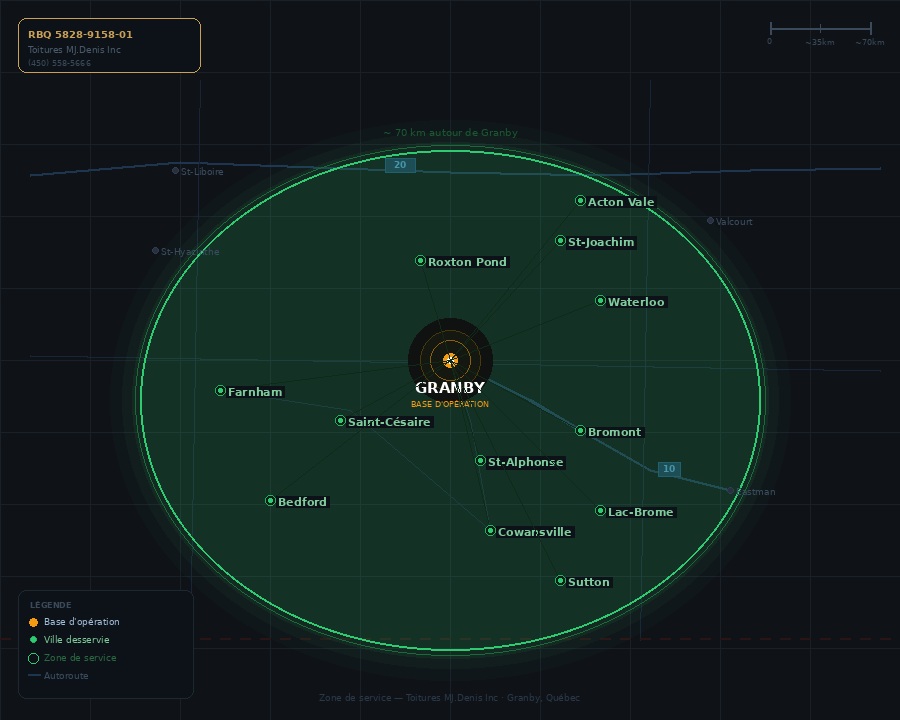 Carte zone de service Toitures MJ.Denis Inc — Granby, Bromont, Waterloo, Cowansville et environs